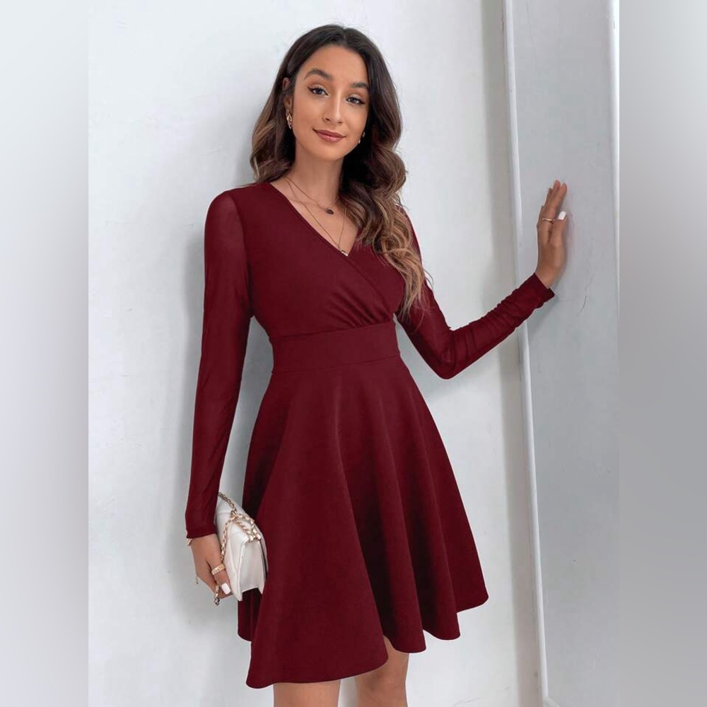 SHEIN Mesh Sleeve Knee Length Dress - Burgundy